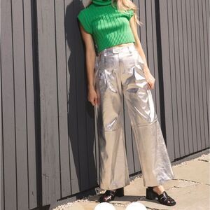 Line & Dot Tinsley Wide Leg Pant Silver Faux Leather High Waisted Trouser